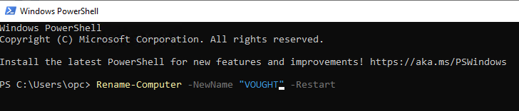 PowerShell showing Rename-Computer command running to rename the server to VOUGHT